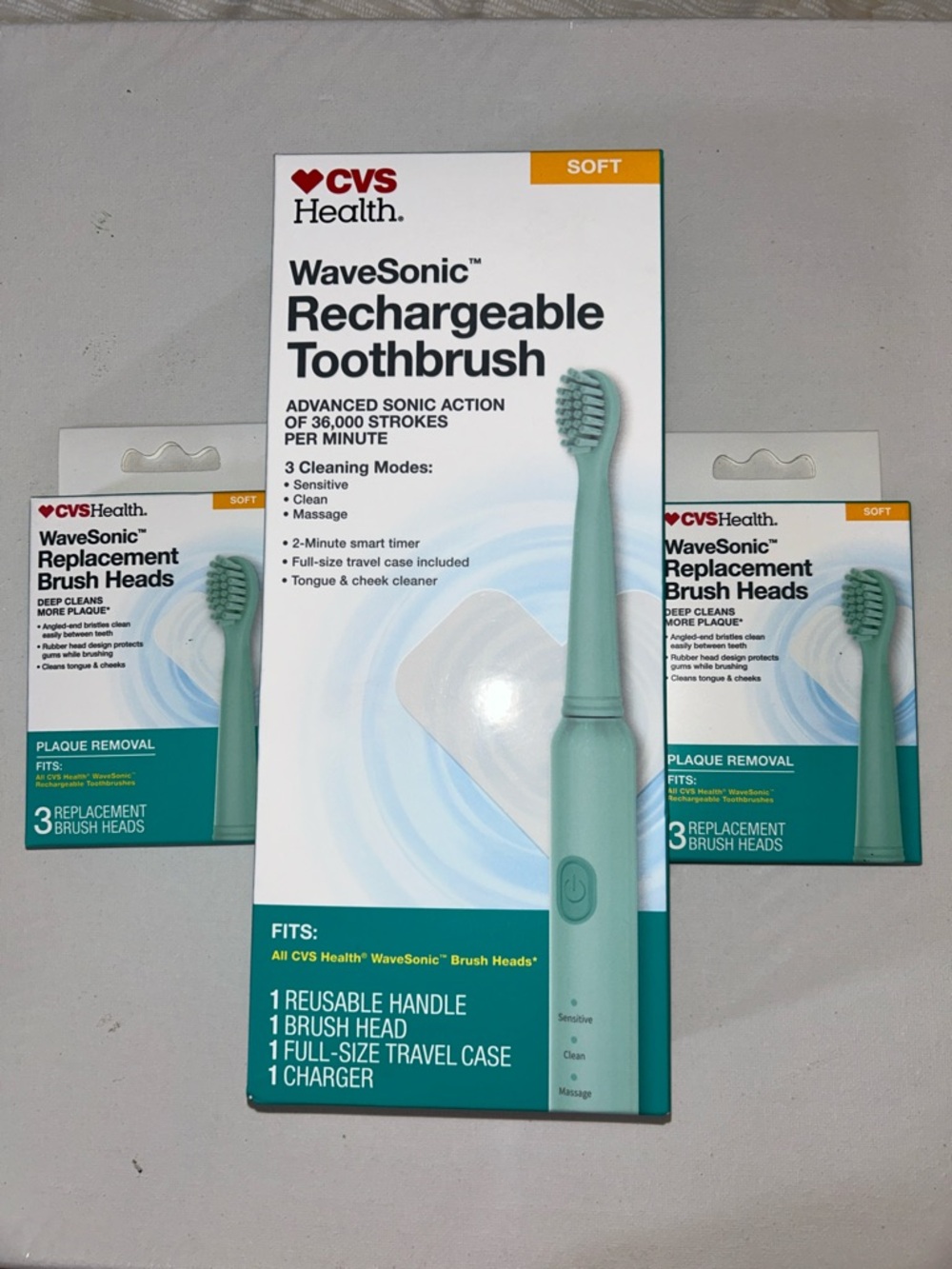 CVS Health WaveSonic Rechargeable Toothbrush and 2x Replacement Brush Heads